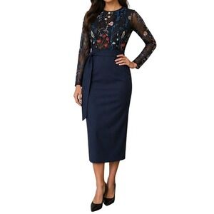 SHEIN Navy Blue Floral Embroidered Mesh‎ Long Sleeve Midi Dress Small